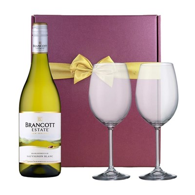 Brancott Estate Sauvignon Blanc 75cl White Wine And Bohemia Glasses In A Gift Box
